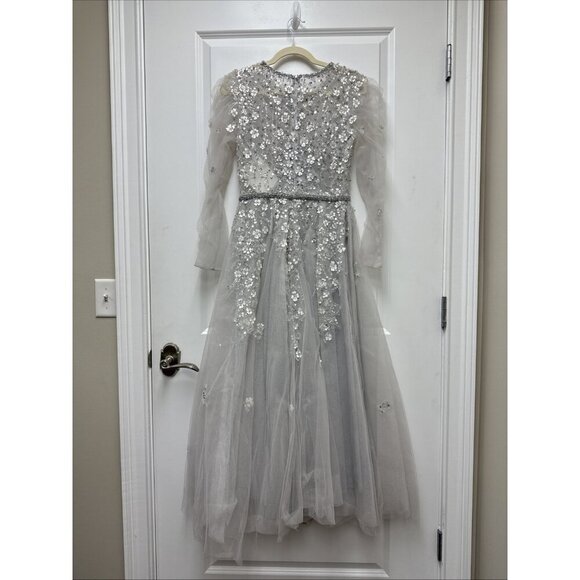 New Mac Duggal Size 4 Gray EMBELLISHED LONG SLEEVE A-LINE MIDI Cocktail Dress - Picture 7 of 11